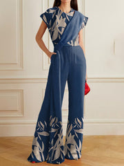 Lizakosht Casual O-neck Pocket Office Jumpsuit Summer Fashion Short Sleeve Loose Straight Playsuits Overalls Vintage Printed Women Romper