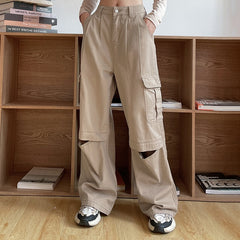 Lizakosht Solid Wide Leg Multi pocket cargo denim trousers casual Gothic Punk Parachute Women Y2K Harajuku Techwear Grunge Pants