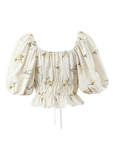 Lizakosht Women French Style Beige Floral Embroidery Linen Crop Shirt Vintage Puff Sleeve Female Summer Tops Short Blouse