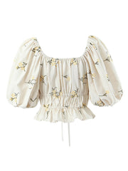 Lizakosht Women French Style Beige Floral Embroidery Linen Crop Shirt Vintage Puff Sleeve Female Summer Tops Short Blouse