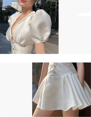 Summer Short White Dress Women Puff Sleeve Sexy V-Neck Pleated Mimi Party Dresses Women Vestidos Single Breasted Ball Gown F121