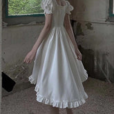 Vintage Lolita Dress Women Irregular High Low Ruffle Patchwork Square Collar Puff Sleeve Solid Elegant Princess Dress
