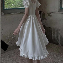 Vintage Lolita Dress Women Irregular High Low Ruffle Patchwork Square Collar Puff Sleeve Solid Elegant Princess Dress
