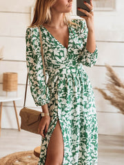 Lizakosht  Summer Spring Floral Print A-line Maxi Dresses Elegant V-Neck Waist Slit Party Dress Women Loose Chic Sweet Bohemian Beach Dress