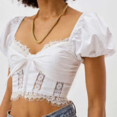 Lizakosht white lace blouse women bow tiend smocked back sexy women blouse summer new women top chic hot girl crop top