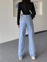 Lizakosht Women's Burr Edge Design Blue Jeans Fashion Cool American Casual High Waist Straight Trousers Female Vintage Wide Leg Pants