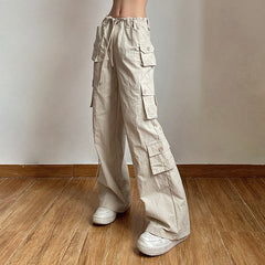Lizakosht Fashion Pocket Patchwork Straight Pants Light Khaki Low Rise Baggy Casual Cargo Pants for Women Harajuku 2000s Jogging Overalls
