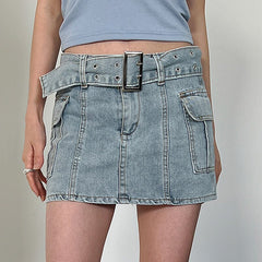 Lizakosht Fashion Double Pocket Light Blue Denim Skirt Casual High Waist Women Package Hip Skirts Street Ladies Straight Short Skirt