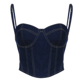 Lizakosht Harajuku Denim Camisoles Women Summer Single-Breasted Vest Tank Tops Lace Up Back Punk Vest Streetwear Jeans Cropped Tops