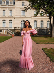 New Summer Women'S Dresses One Word Neck Bubble Short Sleeve Sexy Open Back Solid Color Dress Simple Pastoral Pink Tight Dress