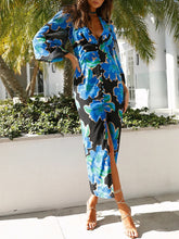 Lizakosht V Neck Sexy Party Women Robe Dress Lantern Sleeve Spring Summer Maxi Elegant Printed Boho New Dress Vestido