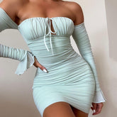 Lizakosht Mesh Sexy Dress for Women 2022 Slash Collar Flared Sleeves Lace-up Mini Bodycon Dress Boat Neck Pleated Tight Dress