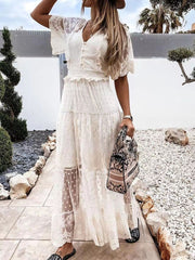 Sexy Solid Color Lace Ruffle Short Sleeve Dress Women Elegant V-Neck Mesh Splicing Long Party Dress New Summer Commute Dresses