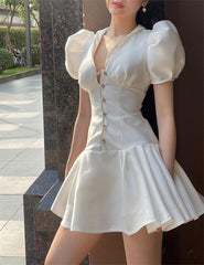 Summer Short White Dress Women Puff Sleeve Sexy V-Neck Pleated Mimi Party Dresses Women Vestidos Single Breasted Ball Gown F121