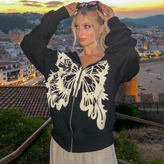 Lizakosht Butterfly Print Hooded Long Sleeve Graphic Sweatshirt Autumn Winter Oversized Streetwear Casual Grunge Clothes Y2K