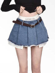 HOUZHOU Sexy Korean Denim Micro Skirt Women Summer Y2K High Waist Irregular Patchwork Fake Two-piece Belt Mini Skirt Streetwear