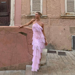 Lizakosht New Ins Style Dinner Sexy Girl Cake Dress Open Back Mesh Neck Length Maxi Dresses Mujer Vestido