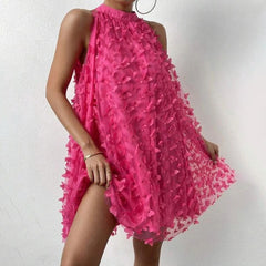 Lizakosht Chic Loose Halter Party Dress Sexy Solid Color Applique Butterfly Big Hem Dresses Ladies Liner Mesh Short Dress For Women