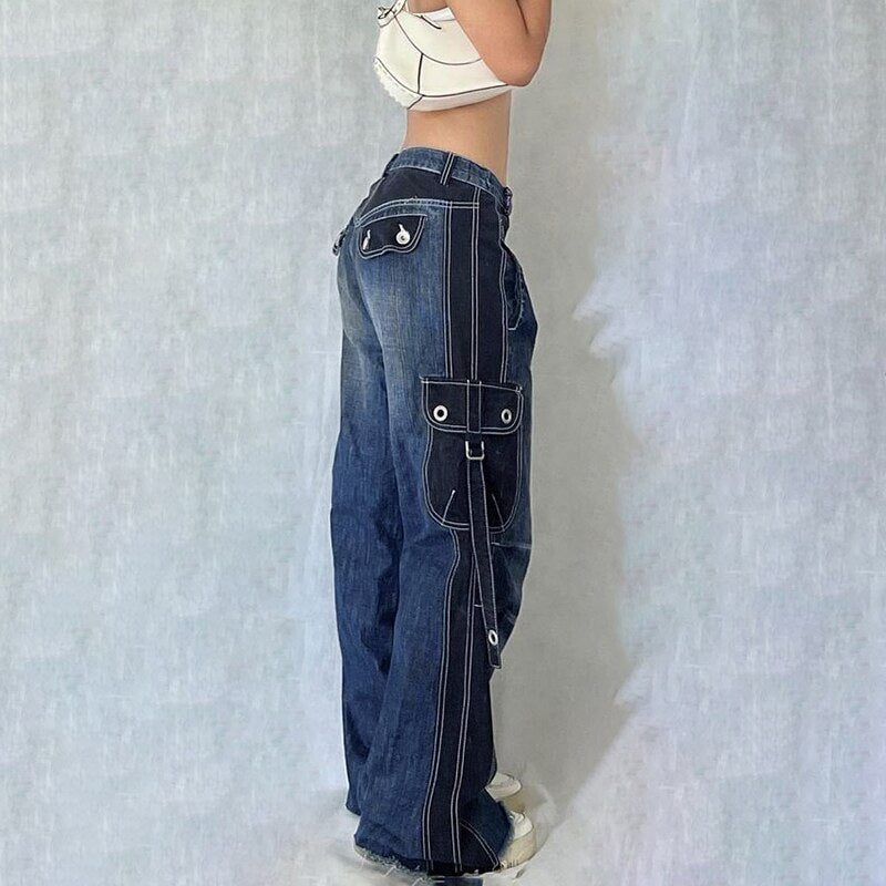 Lizakosht 2023 Loose Y2K Women Baggy Pants Denim Pockets Up High Street Patchwork Blue Low Waist Wide Leg Jeans Vintage Casual Cargo Pants