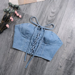 Lace Up Bandage Camisole Crop Top Women Summer Female Fashion Sexy Denim Slim Tube Camis Streetwear Tops for Women 2022