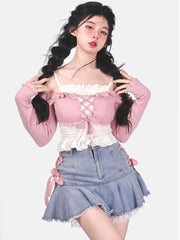HOUZHOU Kawaii Denim Mini Skirt Women Sexy Gyaru Pink Bow Bandage Lace Patchwork High Waist Pleated Jean Skirt Y2k Shorts Summer