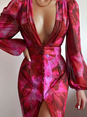 Lizakosht V Neck Sexy Party Women Robe Dress Lantern Sleeve Spring Summer Maxi Elegant Printed Boho New Dress Vestido