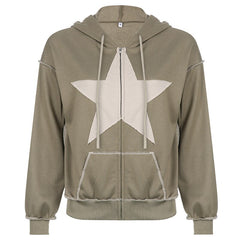 Autumn Hoodies Oversize Y2K Sweatshirts Women Star Hooded Sweatshirt Zipper Cardigan Loose Khaki Print Sweatshirt Coat Jackets