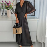 Lizakosht Women V Neck Short Sleeve Office Romper Elegant Casual Solid Color Long Jumpsuits Fashion Simple Elastic Waisted Pleated Rompers