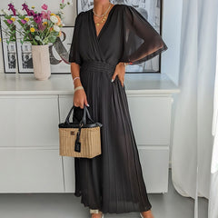 Lizakosht Women V Neck Short Sleeve Office Romper Elegant Casual Solid Color Long Jumpsuits Fashion Simple Elastic Waisted Pleated Rompers