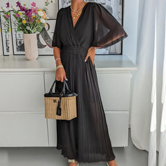 Lizakosht Women V Neck Short Sleeve Office Romper Elegant Casual Solid Color Long Jumpsuits Fashion Simple Elastic Waisted Pleated Rompers