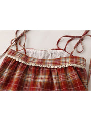 Lizakosht Classic Retro Plaid Design Women New Suspender Lace Patchwork Pleated Shirt Female Tie Up Baggy Blouses Vintage Cozy Soft Chic