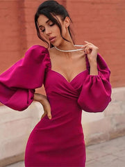 Elegant Evening Party Long Dress Women Long Lantern Sleeve V Neck French Slim Dresses Spring Summer Solid Streetwear Sexy Dress