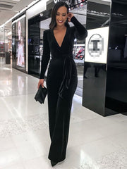 Spring Autumn Women's Sexy Deep V Neck Long Jumpsuit Workwear Ladies Wide Leg Black Velvet Jumpsuit Jumpsuit with Belt Jumpsuit