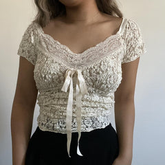 Lizakosht Cute Bow V Neck Short Sleeve Slim Fit Basic Tees Chic Women Y2K Vintage Crop Tops Feminino Fairy Floral Lace Tshirt