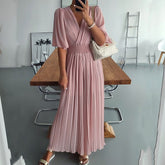 Lizakosht Women V Neck Short Sleeve Office Romper Elegant Casual Solid Color Long Jumpsuits Fashion Simple Elastic Waisted Pleated Rompers