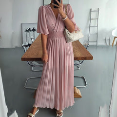 Lizakosht Women V Neck Short Sleeve Office Romper Elegant Casual Solid Color Long Jumpsuits Fashion Simple Elastic Waisted Pleated Rompers