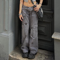 Lizakosht Vintage Women Straight Denim Pants Big Pockets Star Print Long Pants Cargo Trousers Women Retro Hotgirl Grunge Clothes