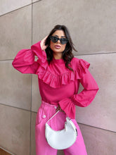 Lizakosht Autumn Women Fashion Rose Red Ruffle Blouse Female O-neck Flare Sleeve Elegant Office Lady Pullover Vintage Loose Shirts