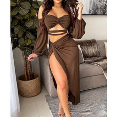 Lizakosht Women Solid Suit Women Sexy High Waist Slit Irregular Skirt Lantern Sleeve Strapless Bandage Off-Shoulder Vest Two-Piece Suit