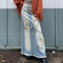 Lizakosht Embroidered Denim Long Skirt for Women High Street Vintage Low Waist Raw Hem Street Blue Patchwork Loose Jeans Maxi Skirts
