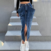 Lizakosht Blue Midi Denim Skirt Women's 2022 Spring Summer New Design Blue Exaggerated Large Pockets Slit Fashion Mid Calf Denim Skirts