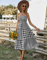 Lizakosht Summer New Women's Clothing Mid-length Light Mature Fashion Plaid Polyester Dress Suspenders Large Swing Skirt