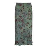 Lizakosht Vintage Printed Long Skirt Women Y2k Grunge Green Cottagecore Low Waist Slim Straight Midi Skirt Girls 90s Aesthetic