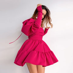 Lizakosht Women Autumn Square Collar Vintage Rose Red Mini Dress New Long Sleeve A-line Ruffle Pleated Sweet Birthday Party Dress