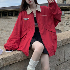 Lizakosht Women's American Red Loose Long Sleeve Cardigan Coat Spring Autumn New Chic Sports College Neutral Female Zipper Thin Jacket