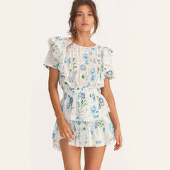 New Arrival Summer Short Sleeve Natasha Mini Dress Women Ruffled A-line Dress Blue Print