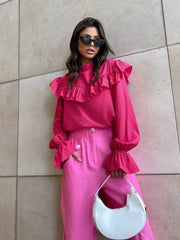 Lizakosht Autumn Women Fashion Rose Red Ruffle Blouse Female O-neck Flare Sleeve Elegant Office Lady Pullover Vintage Loose Shirts