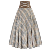 SD Womens Plaid Skirts Vintage Renaissance Corset Waisted Skirt High Waist Buttons Elegant Beach Harajuku Long A-Line Skirt