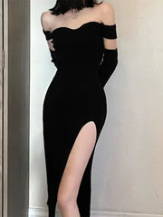 Spring Fashion Women Sexy Split Backless Off Shoulder Knitted Dress Female Club Party Y2K Dress