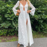 Lizakosht Floral Lace White Long Dress Fairycore Vintage Y2K Women Metal Ring V Neck Backless Split Dress Boho Holiday Clothes